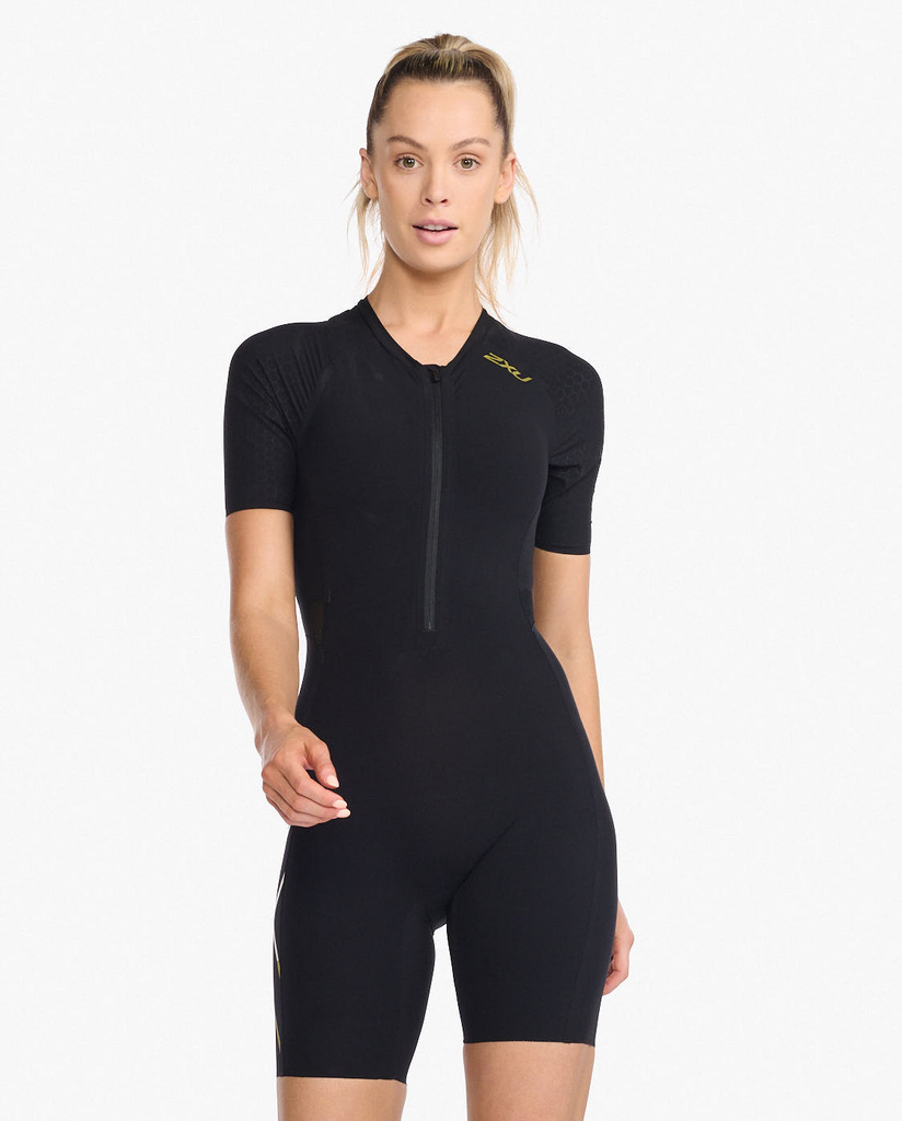 Dámský tratlonový dres s rukávem 2XU Black/Copper Reflective - WT6634d-BLKCRF_1