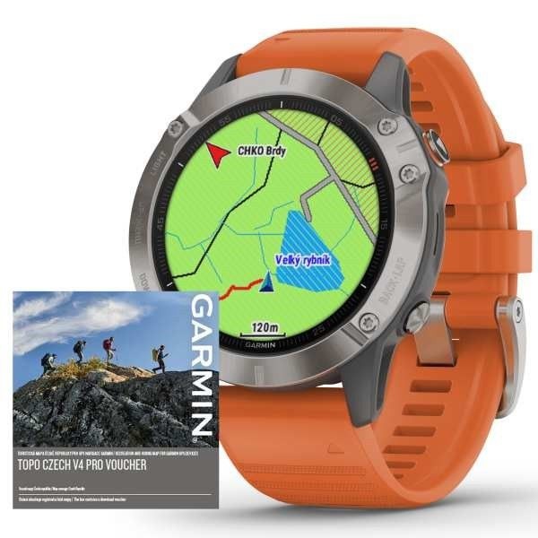 Garmin Fenix 6 PRO Sapphire, Titanium/Orange Band (MAP/Music)