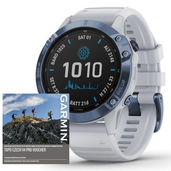 Garmin Fenix 6 PRO Solar, Titanium Blue/White Band (MAP/Music)