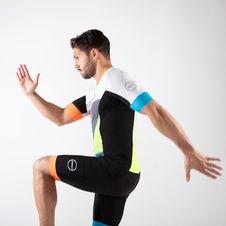 Pánská kombinéza Zone3 MEN'S LAVA LONG DISTANCE SHORT SLEEVE AERO SUIT - LTD ED - BLACK/WHITE/ORANGE/BLUE/YEL - 3/4