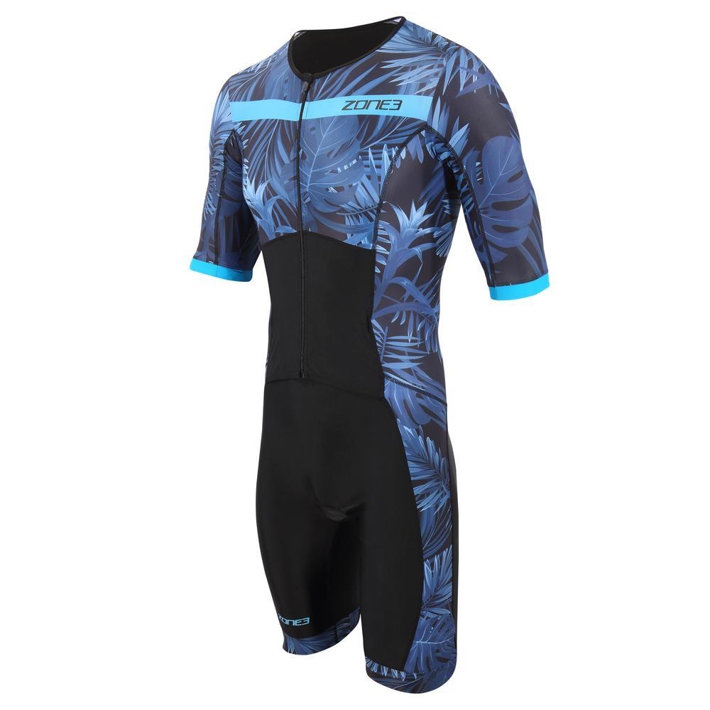 Pánská kombinéza Zone3 MEN'S ACTIVATE+ TROPICAL PALM SHORT SLEEVE FULL ZIP TRISUIT - NAVY/BLUE